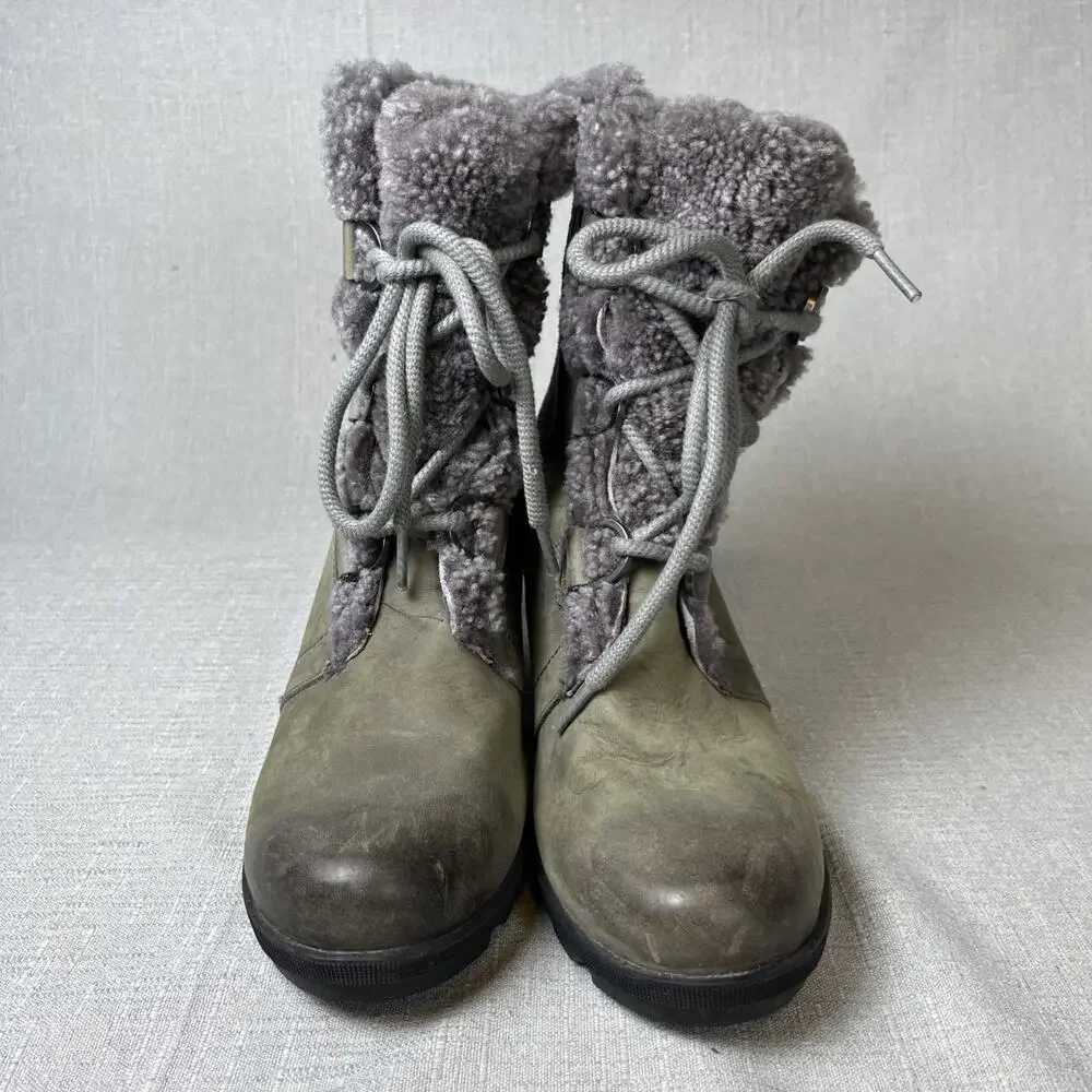 Sorel Joan of Arctic Wedge II Boots Shearling Womens Size 10 Green Gray Suede